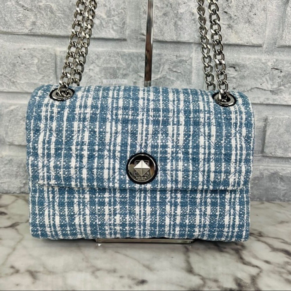 Kate Spade Natalia Denim Tweed Medium Flap Chain Shoulder Bag Crossbody - Picture 3 of 9